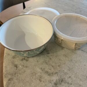 Golden Rabbit Enamelware Prep Mixing Bowls with Lids Sea Glass Swirl BPA Free